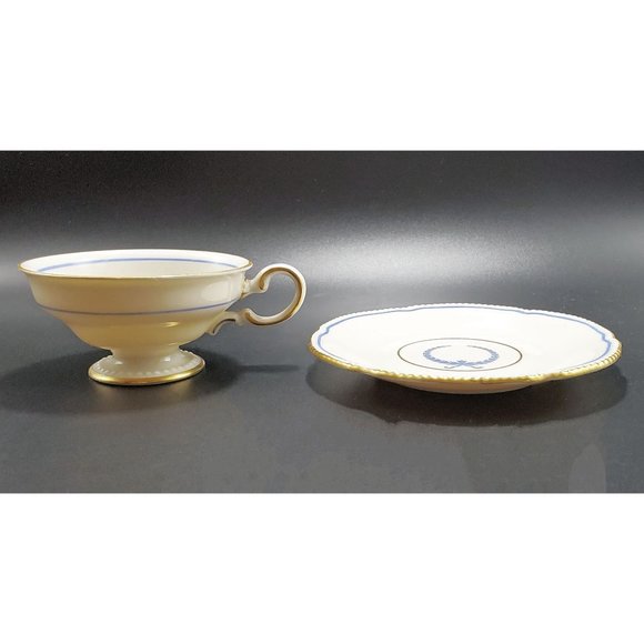 Castleton China Vintage EMPIRE Footed Tea Cup & Saucer Set Blue Wreath Gold Trim - Picture 5 of 10